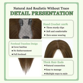 OLLAVO Hair Toppers for Women Real Human Hair, 360°3D Bangs Clip Human Toppers for Women with Thinning hair Realistic Scalp Line (Mocha Brown, 3D Side Bangs)