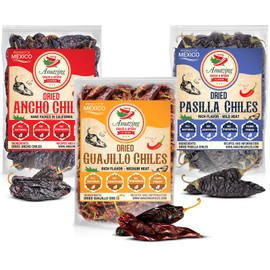 Dried Chile Peppers Variety Pack (12 oz Total) - Ancho, Guajillo, Pasilla Chiles – Staple for Mexican Recipes - Birria, Salsa, Sauces, Stews, Tamales By Amazing Chiles and Spices