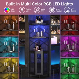 Airynee Corner Bar Cabinet with Power Outlet, 5-Tier Corner Wine Cabinet with Led Strip and Glass Holder, Industrial Tall Liquor Cabinet Bar Wine Rack for Home, Black