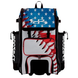 Boombah Rolling Catchers Superpack Bat Bag - 23-1/2" x 13-1/2" x 9-1/2" - Telescopic Handle - Holds 4 Bats - Wheeled Version - USA Baseball Classic White/Royal Blue/Red