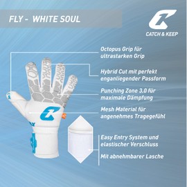 CATCH & KEEP Fly White Soul Men's Goalkeeper Gloves, Size 10, Professional Goalkeeper Gloves, Thumb Support & Thicker Wrist Support
