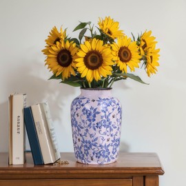 Blue and White Vase,9.6 Inch Ceramic Chinoiserie Floral Vase,Vintage Pottery Vase,Farmhouse Flower Vase for Rustic Home Decor,Living Room, Kitchen, Bookshelf, Office, Shelf, Mantel, Centerpieces