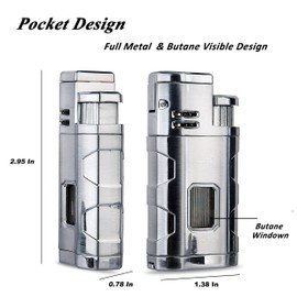 PROMISE Metal Lighter Triple Jet Flame Refillable Butane Lighters Windproof Lighter- Butane Not Included (Chrome)