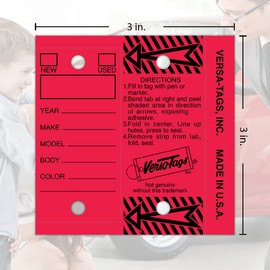 RED - Genuine Versa-Tags Key Tags, Self-Protecting (250 Tags per Box with Metal Rings)