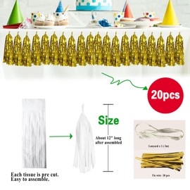 Gold Tassel Garland 20 Pcs, Tissue Paper Tassels Garland Banner for Party Birthday Wedding Decoration Baby Shower Table Decor