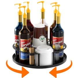 ZDDLOINP Coffee Syrup Organizer 8 Bottles, Rotating Coffee Syrup Holder with Stirrers Storage for Syrup Bottles, Cup and Lid, Wine Display, Syrup Rack Stand for Coffee Bar Organizer, Kitchen