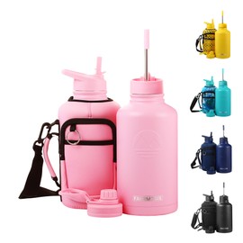 FAHRMOSIS 64 Oz Water Bottle with Straw & Holder Strap | Insulated Water Bottle Water Jug Includes 3 Lids Water Bottles | Stainless Steel Water Bottle for Men & Women - Pink (Solid)