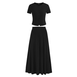 PRETTYGARDEN Women's 2 Piece Skirt Sets Summer Short Sleeve Button Up Knit Crop Top Flowy Maxi Skirts Travel Vacation Outfits, Black, Medium