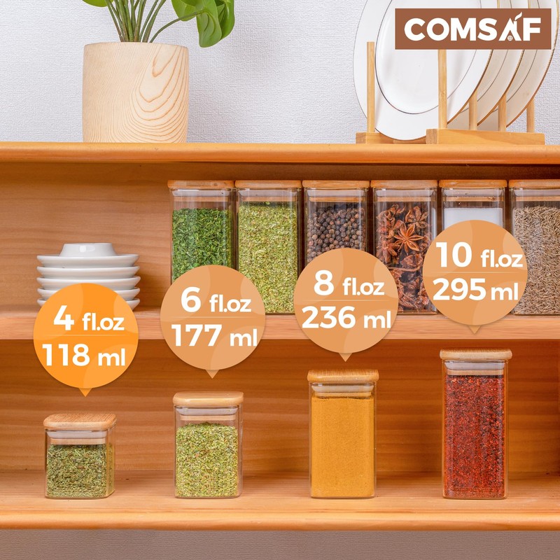 ComSaf 12Pcs Glass Spice Jars with Bamboo Lid, 4oz Airtight