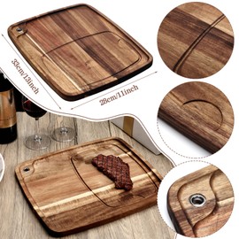 Uiifan Steak Plates with Juice Channel Wooden Steak Board Set Steak Plates Acacia Wood Cutting Board Wood Serving Board for Home Graduation Gift Serving Eating Meat Dishes Snack Dessert