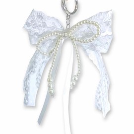 sunaeset White Lace Pearl Bow Keychain, Y2k Bowknot Keyring Coquette Aesthetic Keychain Bag Charms, Purse Car Key Chain Charms Accessories For Women Handbags Backpack