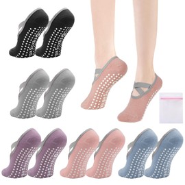 VEGCOO 5 Paia Calzini Antiscivolo Donna Pilates, Calze Yoga Sportivi con Cinturino, Cotone Calzini Antiscivolo Yoga Donna per Pilates, Fitness, Danza, Balletto, EU35-38 (5 Colori)