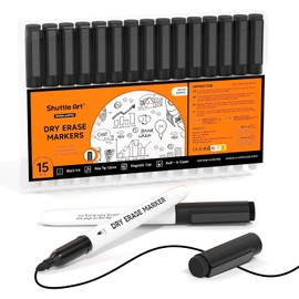 Shuttle Art Whiteboard Markers, Erasable Marker Pens, Black, 15 Pack Magnetic Magnet with Eraser, Black, Durable Dry Erase Markers, Write on Glass, Plastic, and LED Signs for Office, Work, Home