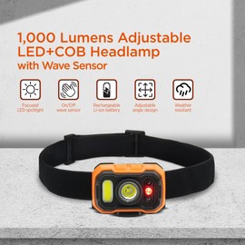 BLACK+DECKER Rechargeable Headlamp with Wave Sensor, Ultra Bright 1,000 Lumens LED Head Light, Adjustable 90° Tilt, 7 Lighting Modes, IP65 Waterproof, Fits Over Helmet, 14 Hour Head Lamp for Camping