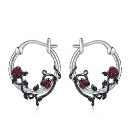 POPLYKE Sterling Silver Red Black Rose Flower Hoops Earrings Small Huggie Earrings Jewelry Gift
