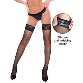 Boao 3 Pairs Women Thigh High Stockings Anti-skid Silicone Lace Stockings Silk Stocking Tights for Women and Girls Supplies (Black, Nude, Coffee, Large)