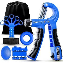 Hand Grip Strengthener kit(5 Pack),Grip Strength Trainer,Forearm Workout Trainer Adjustable Grip Exercises,Finger Grip Strengthener,Finger Stretcher,Grip Ring & Stress Relief Ball with Carry Bag - Color: Blue