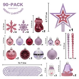 SY Super Bang Christmas Ornaments Set, 90PCS Shatterproof Christmas Hanging Ornaments for Xmas Tree Decorations, for Indoor Holiday Party Thankgivings Christmas Decor - Rose Purple.