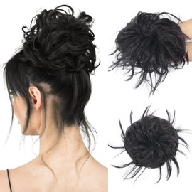 Tousled Messy Bun Hair Piece Hair Extension Tousled Updo Elastic Hair Bun Hair Piece for Women Rubber Band Updo Synthetic Hair Natural Black