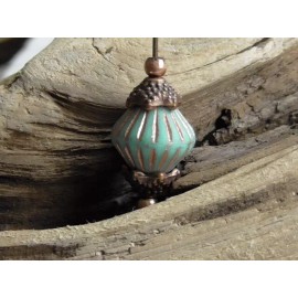 Czech 6 - 12x10mm CZECH MATTE OPAQUE TURQUOISE, COPPER WASH TRIBAL BICONE GLASS BEADS