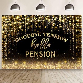MEHOFOND 7x5ft Happy Retirement Backdrop Goodbye Tension Hello Pension Photography Background Black and Gold Confetti Retirement Party Decor Gold Dripping Glitter Congrats Retire Banner Photo Props