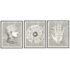 Mystical Occult Upcycled Dictionary Home Decor Set - 8x10 Vintage Wall Art - Unique Shabby Chic Gift for Astrology, Zodiac Sign, Palm Reading, Palmistry, Phrenology, Tarot Fan, Psychic, Fortune Teller