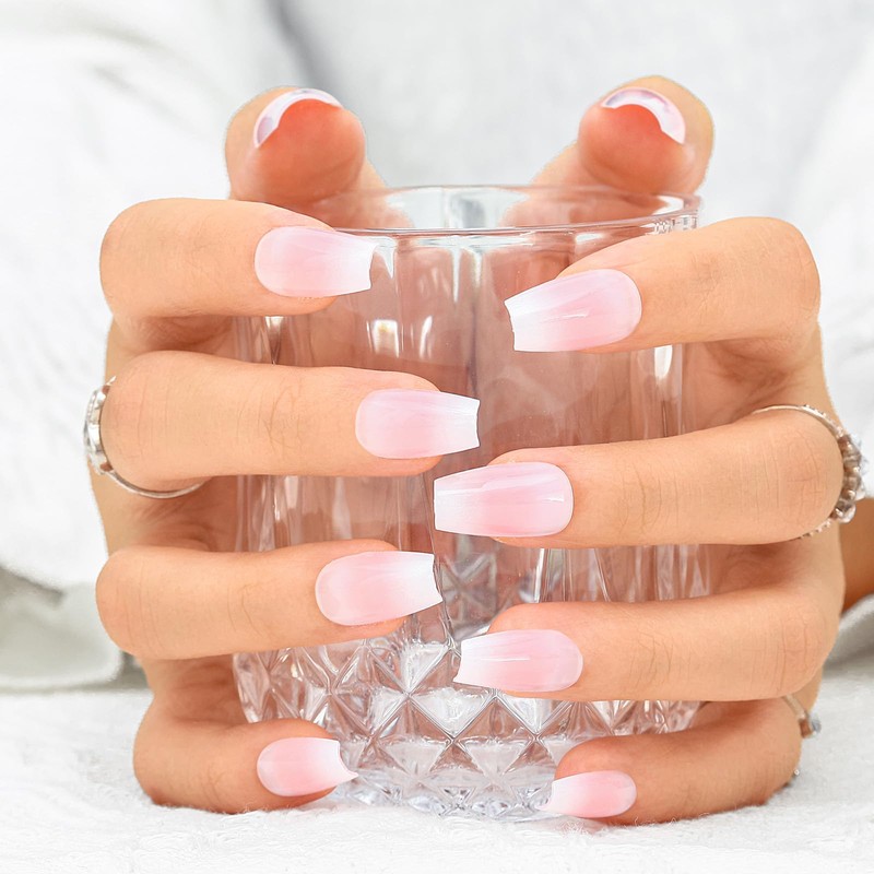 Sethexy Nude Pink Colour Gradient False Nails Medium Ballerina Pressed