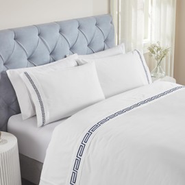 Superior Embroidered Cotton Bed Sheet Set, 1 Elastic Deep Pocket Fitted Sheet, 1 Flat Sheet, 2 Pillowcases, Daily Soft Sheets, Greek Key Design, Harrison Collection, California King, White/Navy Blue
