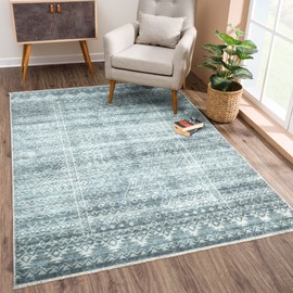 Bloom Rugs Caria Washable Non-Slip 6x9 Rug - Teal/Ivory Geometric Area Rug for Living Room, Bedroom, Dining Room, and Kitchen - Exact Size: 6' x 9'