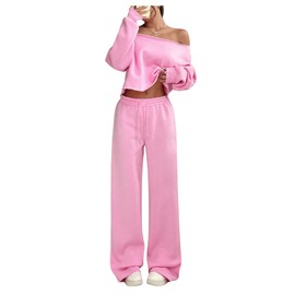 SOLY HUX Women's Sweatsuits Off The Shoulder Crop Top and Drawstring Long Pants 2 Piece Fall Outfits Pure Pink Large