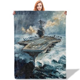 Plistiz Nautical Adventure Throw Blanket 50"x60", Aircraft Carrier at Sea Theme Blankets for Living Room Couch, Home Decor, Soft Flannel Ocean Gifts for Adults and Women