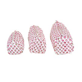 Set of 3 Pieces Indian Handmade Cotton Quilted Handmade Floral Hand Block Print Toiletry Bag,Cosmetic Pouch Bag Makeup Bag For Women (Cotton, White C)