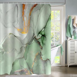 Gibelle Abstract Marble Shower Curtain, Sage Green Jade Texture Gold Stripes Ombre Watercolor Paint, Modern Ink Art Decor Waterproof Fabric Shower Curtain for Bathroom Set with Hooks, 71x71