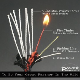 POWER PARACORD Multifunctional fire Cord 25FT Paracord 550 Parachute Cord with Tinder Fire Starter Fishing Line Cotton Thread Outdoor Military Grade(Army Green,25FT)