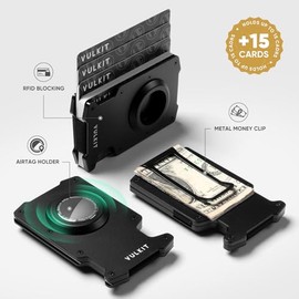 VULKIT Cartera Minimalista para Hombre con Pinza para el Dinero - Billetera de Metal con Bloqueo RFID y Diseño de Porta AirTag