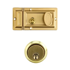 QWORK Night Latch Deadbolt Rim Lock with Key, 2Pack Gold Finish Antique Style Lock with Front Door Key