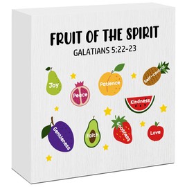 Fruit of The Spirit Galatians 5:22-23 Bible Verse Wood Box Sign,Christian Wooden Desk Decor for Kids,Religious Scripture Wood Block Sign for Children Room Nursery Desk Shelf Wall Decor