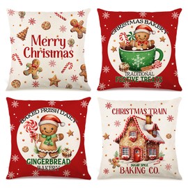 DUGEHO Gingerbread Man Cushion Cover Christmas Set of 4 45 x 45 cm Linen Decorative Cushion Covers Winter Decorative Cushion Cover Couch Living Room Decoration