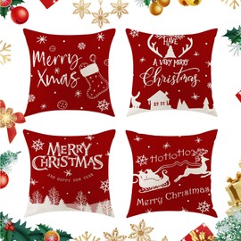 BRTNUP Christmas Cushion Covers Set of 4, Christmas Pillow Cases, Xmas Cushion Covers 45 x 45 cm, Xmax Decorative Pillow Case for Living Room Sofa Couch Bed Pillow Cases (red2)
