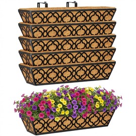 Y&M 6Pcs 24 Inch Window Deck with Coconut Coir Liner, 24" Railing Planter Horse Trough Coco Basket Boxes Metal Hanging Flower Balcony for Outdoor Garden Fence Lawn