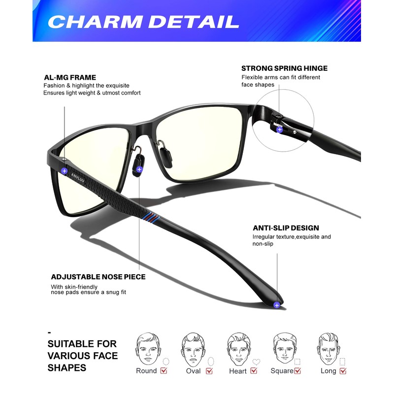 ANYLUV Blue Light Glasses Men/Women, Al-Mg Working Blue Light Blocking