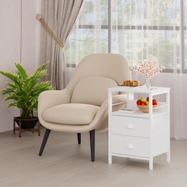 Furologee Nightstands Set of 2, End Table with 2 Fabric Drawers, Night Stand with 2 Hooks, Open Wood Shelf Bedside Table for Bedroom/Living Room/White