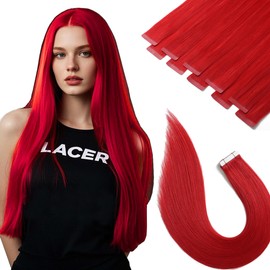 Lacer Hair Extensions Real Human Hair Tape in Red Color Invisible Tape in Hair Extensions 22inch Silky Straight Tape in Weft Hair Extensions Human Hair 25G/10PCS