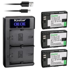 Kastar USB LCD Dual Charger and 3 Pack Battery for Canon LP-E6 LP-E6N LPE6 LPE6N Battery, Canon LC-E6 LC-E6E LCE6 Charger, Canon DLSR Camera Grip BG-E21 BG-E20 BG-E16 BG-E14 BG-E13 BG-E11 BG-E9 BG-E6