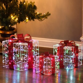 LuxenHome Lighted Boxes, Set of 3 Decorative Gift Boxes, Christmas Decorations Outdoor Yard, Outdoor Light up Gift Boxes for Holiday Display Indoor/Outdoor