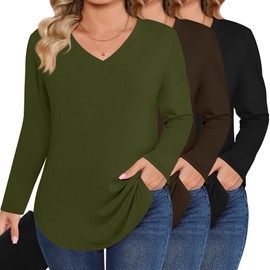 Ficerd 3 Pack Women's Plus Size T-Shirts, V Neck Long Sleeve Blouse Shirts Loose Fit Curved Hem Tees Casual Swing Tunic Tops(Army Green, Brown, Black,XX-Large)