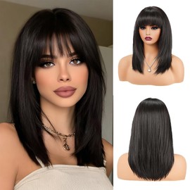 Aecaeceo Black Wig with Bangs Black Bob Short Wigs for Women Synthetic Wig Straight 14 Inches Natural Hair Wig Layered Hair Replacement Wigs for Cosplay Holiday Daily Party Use