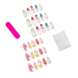 French Tip Press on Nails Almond Medium Fake Nails 3D Floral False Nails with Hibiscus Starfish Gold Curve Line Designs Ocean Stick on Nail Summer Glossy Glue on Nail for Women Girls 24Pcs