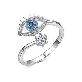 Yifnny Evil Eye Ring, Lucky Blue Evil Eye Ring Cubic Zirconia Adjustable Wrap Open Ring Eye Rings for Women (Silver)