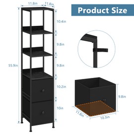 Tall Bathroom Storage Cabinet, 55.9'' Slim Bathroom Floor Cabinet with Fabric Drawers for Small Spaces, Narrow Storage Cabinet Shelves Bathroom Organizer Towel Rack for Living Room, Kitchen, Black